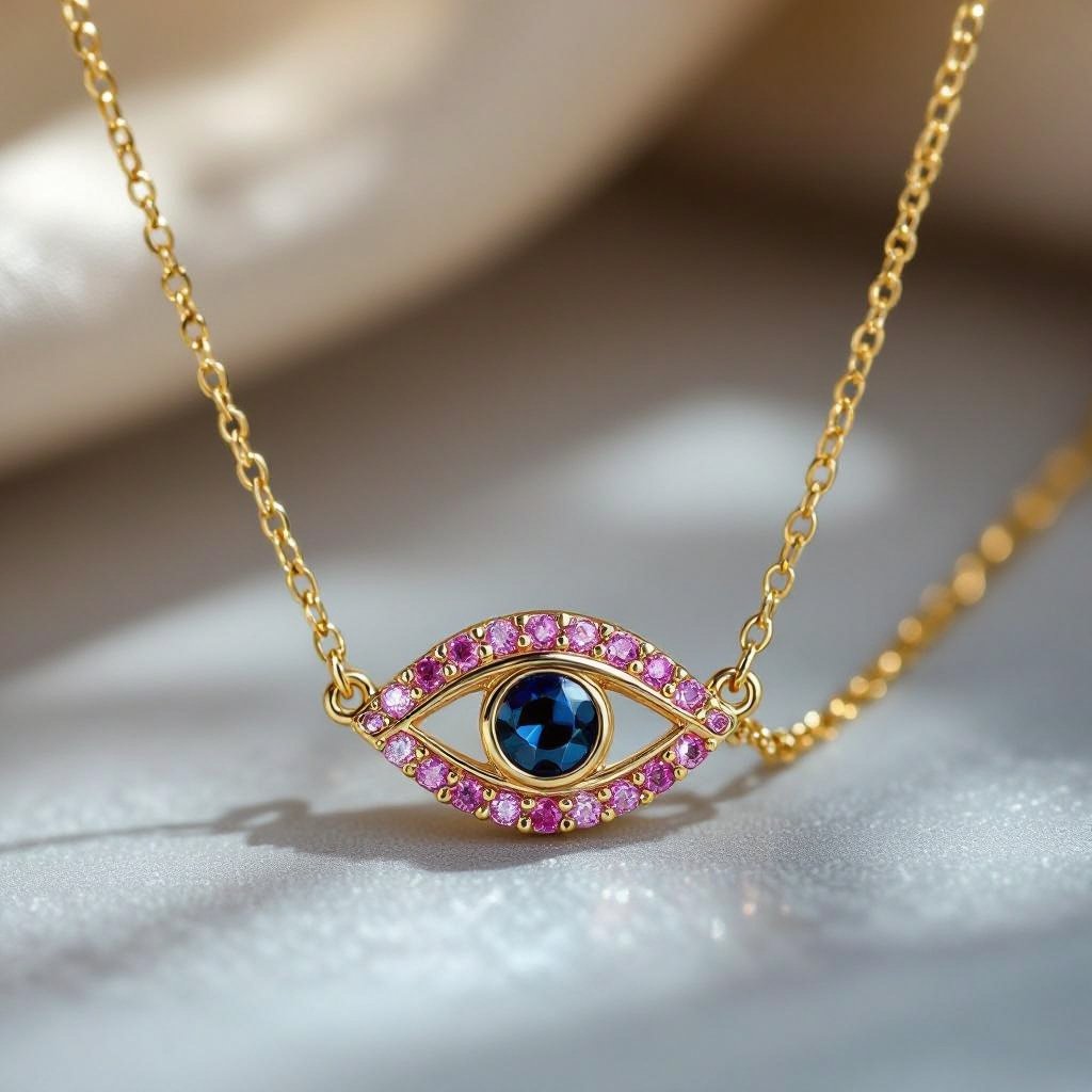 Тонкая цепочка с золотыми шариками и мелкими розовыми камушками на цепочке есть кулон в форме глаза, зрачок глаза из темно синего камня 