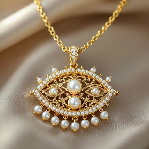 Кулон на длинной цепочке. Матовое светлое золото. В цепочке небольшие золотые шарики и жемчуг. Кулон в форме трех глаз, два горизонтально и один между ними сверху вертикально узоры завитушки 