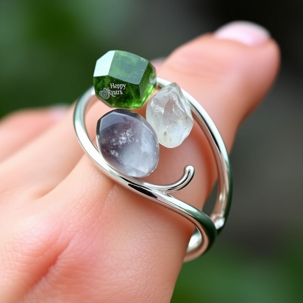 Craft a minimalist silver adjustable ring that delicately embraces the finger. Feature two striking raw natural gemstones—allowing their organic textures and colors to stand out. The design exudes earthy elegance, merging modern style with raw, untamed nature.