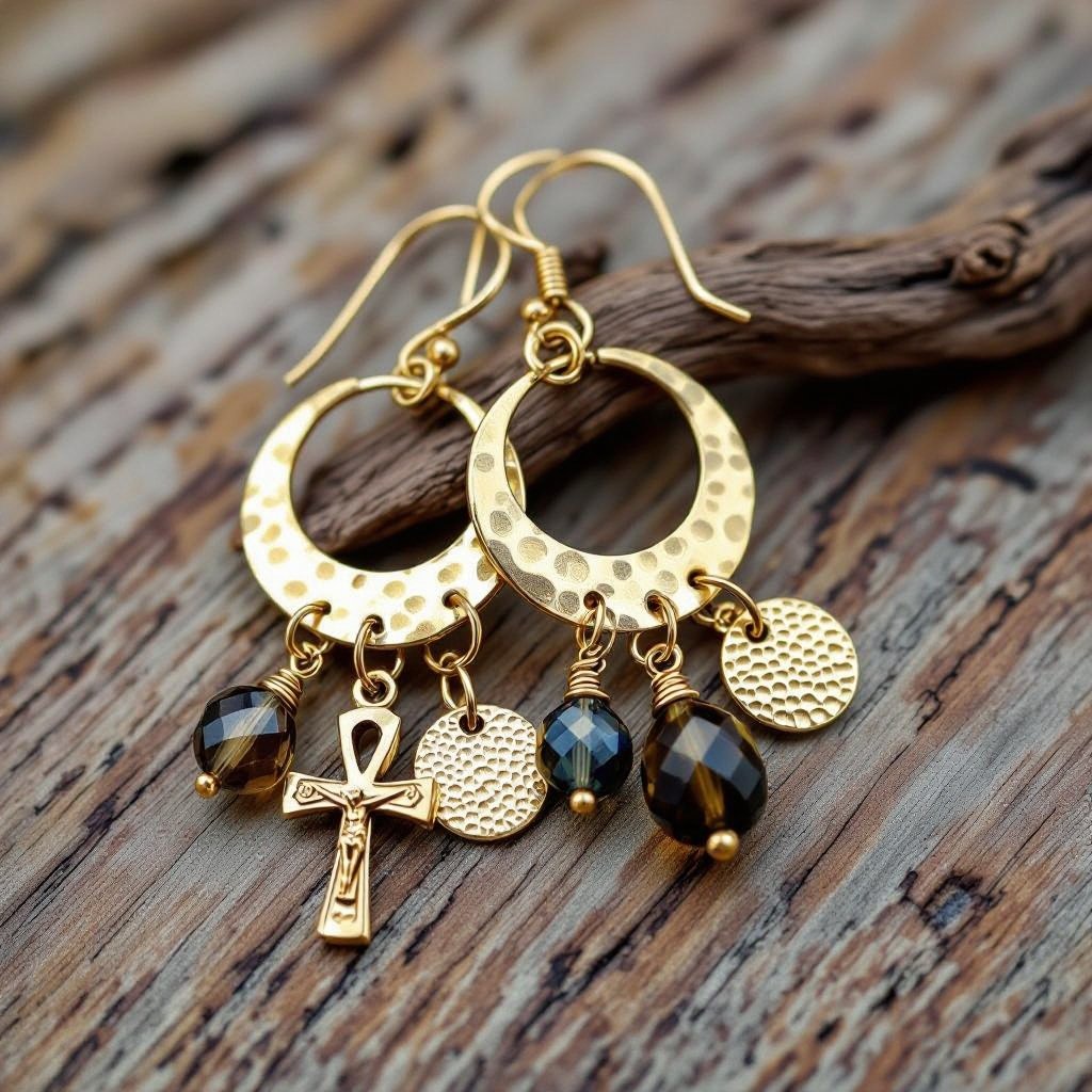 Золотые серьги словно мятое золото в форме узкого изящного полумесяца. Верхушка полумесяца крепится к застежке серьги. К нижней части полумесяца крепятся три подвески: миниатюрный золотой египетриский крест, очень маленький кристалл раухтопаза и маленький золотой кружочек с мятым эффектом плоский