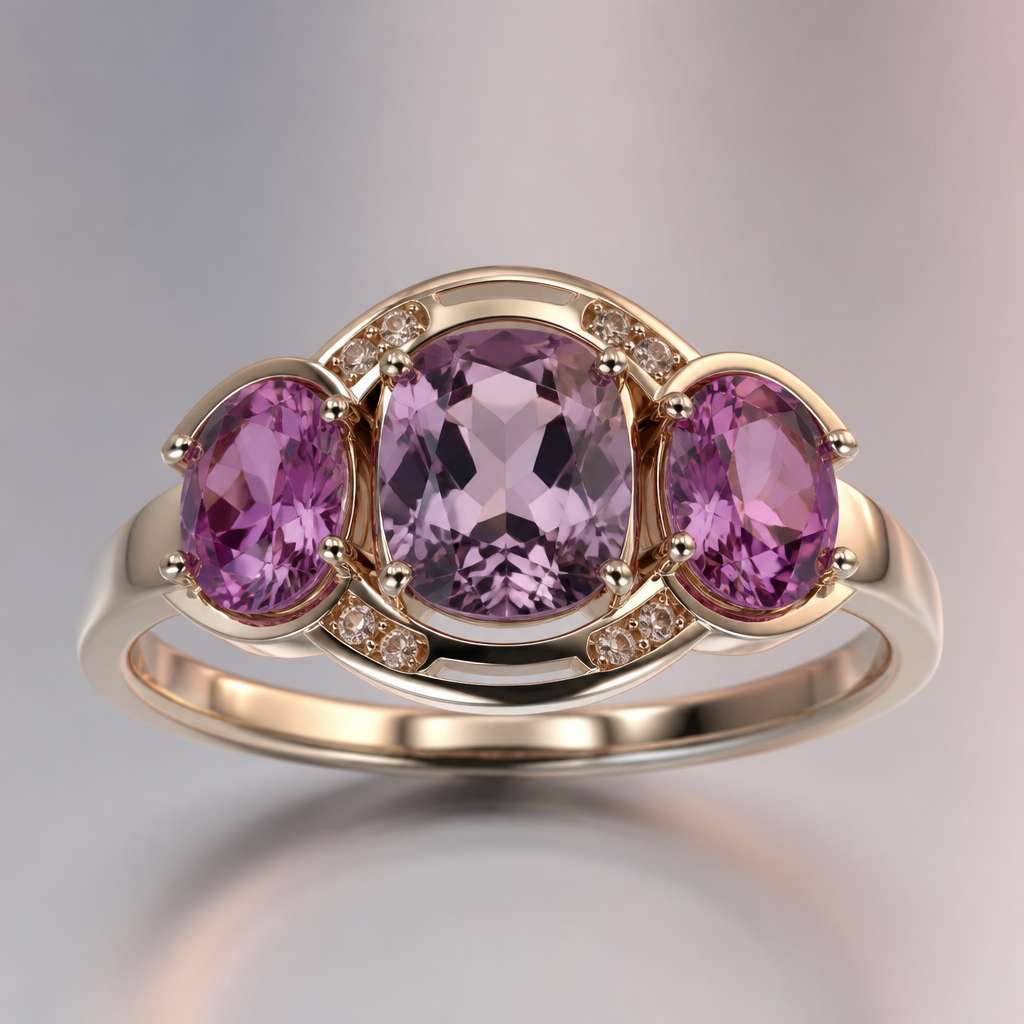 A women's ring, ultra-minimalist, very simple and clean, understated, no embellishments. make a unique modern design for a unisex ring using a Grey-pink sapphire: 9.00 × 7.71 × 4.94 mm, cushion cut, 3.26 ct as the center Stone and two
Burma pink-purple spinels: 8.2 × 6.1 mm each, oval cut, about 1.70 ct each (~3.40 ct total)
you may also use up to 22 2 mm champagne diamonds. make the ring modern and a show piece
photorealistic jewelry design, A women's ring, ultra-minimalist, very simple and clean, understated, no embellishments. make a unique modern design for a unisex ring using a Grey-pink sapphire: 9.00 × 7.71 × 4.94 mm, cushion cut, 3.26 ct as the center Stone and two
Burma pink-purple spinels: 8.2 × 6.1 mm each, oval cut, about 1.70 ct each (~3.40 ct total)
you may also use up to 22 2 mm champagne diamonds. make the ring modern and a show piece, modern style, just the design no text