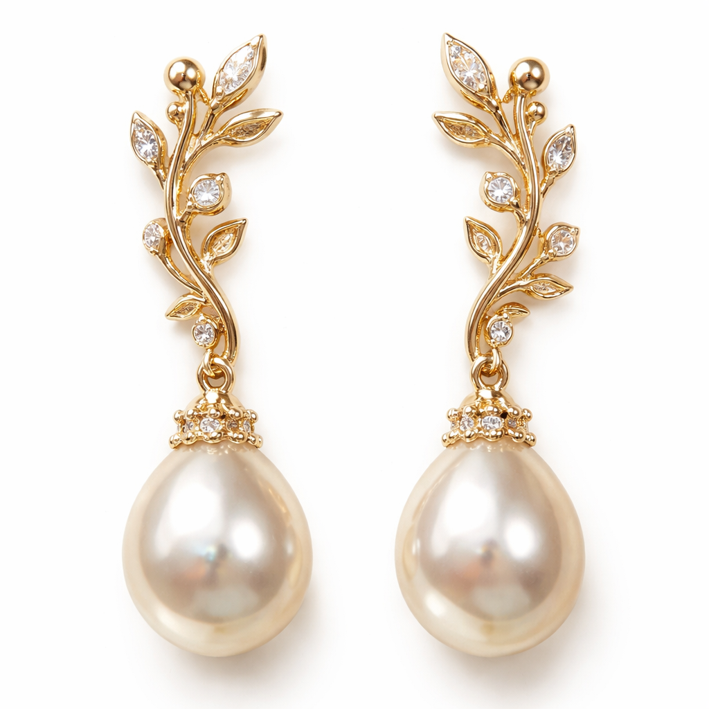 Small Gold pearl drop earrings with an olive branch and vine design and small white diamonds