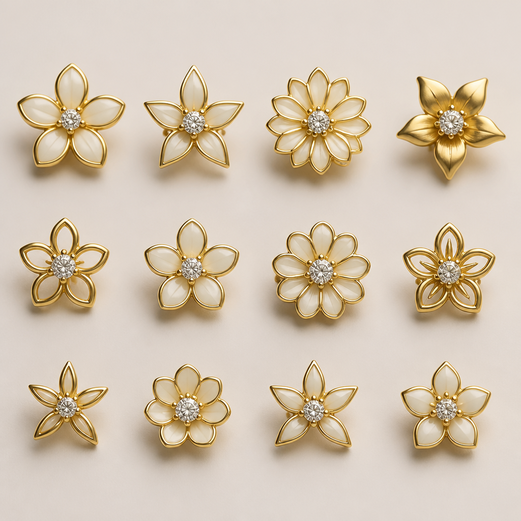 Creat multiple Gold based jasmine sambac flower with diamond in the middle and name them so I can tell you to use them in another desine