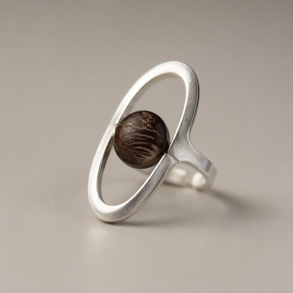 Anel contemporâneo minimalista em prata fosca, aro aberto envolvendo o dedo com formato oval alongado e geométrico, linhas limpas e elegantes, design escultural moderno. No lugar da pedra central, semente natural de morototó polida em formato de disquinhos te marrom escura com textura orgânica. Joia sofisticada, artesanal, elegante, fotografia macro em fundo neutro, iluminação suave, alta definição.
photorealistic jewelry design, Anel contemporâneo minimalista em prata fosca, aro aberto envolvendo o dedo com formato oval alongado e geométrico, linhas limpas e elegantes, design escultural moderno. No lugar da pedra central, semente natural de morototó polida em formato de disquinhos te marrom escura com textura orgânica. Joia sofisticada, artesanal, elegante, fotografia macro em fundo neutro, iluminação suave, alta definição., just the design no text