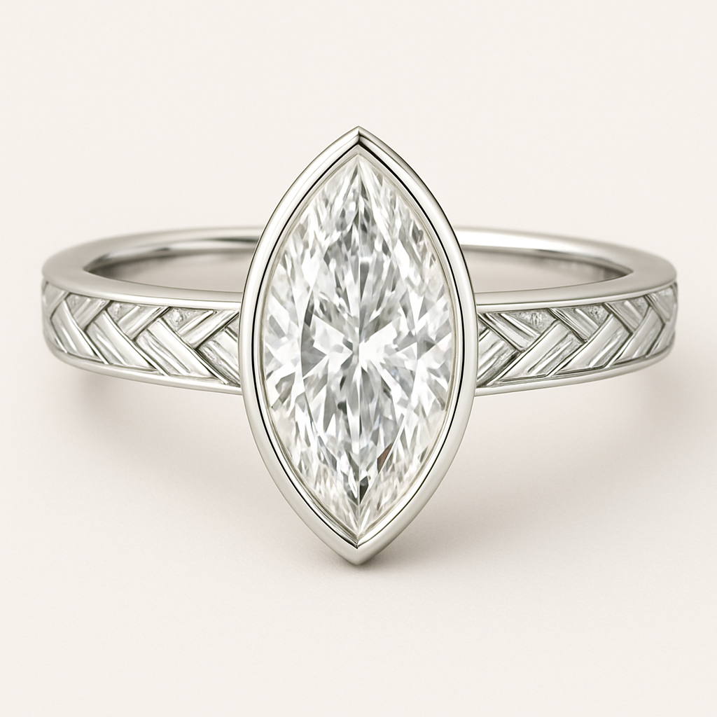 Bezel set 6 carat marquise diamond center stone with baguette diamonds in a herringbone pattern in the band