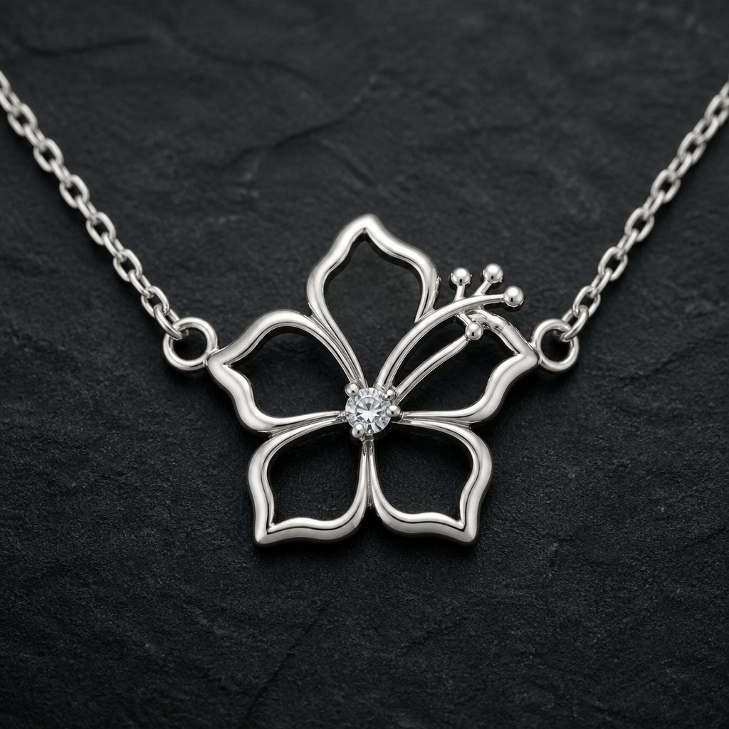 A women's necklace made of silver. hibicus ligne fine et delicat ,diamand dans le milieu, interieur de la fleur vide, plus detail, 5 petales chaine de chaque coté, exotique style qui fait pensé à hawaî, plus naturel, fleur de cote un peu comme sur l'image
photorealistic jewelry design, A women's necklace made of silver. hibicus ligne fine et delicat ,diamand dans le milieu, interieur de la fleur vide, plus detail, 5 petales chaine de chaque coté, exotique style qui fait pensé à hawaî, plus naturel, fleur de cote un peu comme sur l'image, modern style, just the design no text
