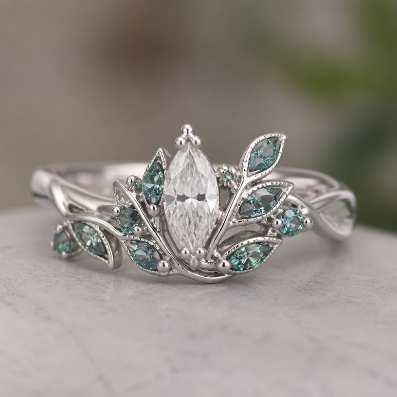 A nature-inspired women's ring made of white gold with diamond and emerald stones suitable for engagement, detailed and decorative, moderately ornate. quiero un anillo de compromiso con un diseño botánico emulando hojas de plantas con moissanitas verdes azuladas redondas o triangulares con una moissanita blanca con corte marques en em centro
using the attached image as a visual reference, create A nature-inspired women's ring made of white gold with diamond and emerald stones suitable for engagement, detailed and decorative, moderately ornate. quiero un anillo de compromiso con un diseño botánico emulando hojas de plantas con moissanitas verdes azuladas redondas o triangulares con una moissanita blanca con corte marques en em centro. photorealistic, just the design no text