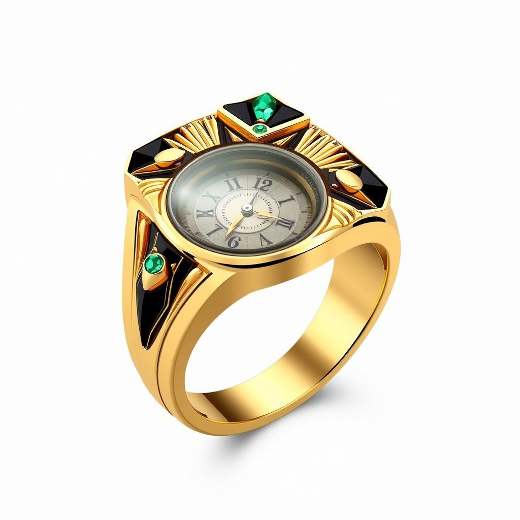 Brand name is NYIRA. Generate a gold watch ring
Design a stunning gold watch ring for NYIRA, inspired by the opulent Art Deco style. Featuring geometric patterns and symmetrical motifs, this exquisite piece integrates a vintage wristwatch face, adorned with emerald and onyx accents. The sleek, polished gold band highlights the elegance, sophistication, and boldness characteristic of the Art Deco era.