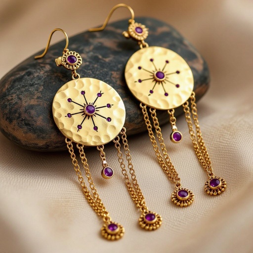 Серьги длинные на цепочках матовое золото мятое. Символ схематично созвездие. Маленькие фиолетовые камушки