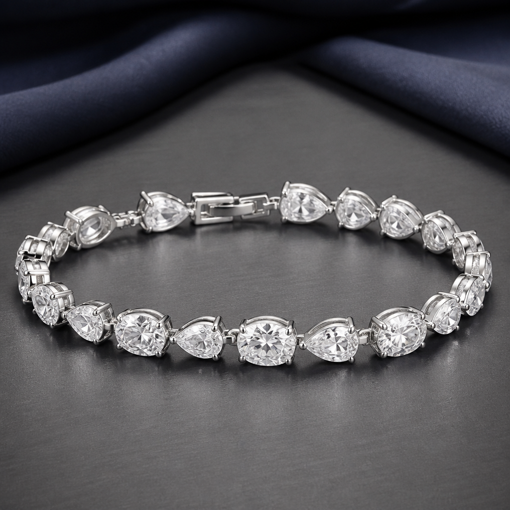 A women's ring. bracelet in white gold set with alternating round pear shape ovals all are 20pointers average weight similar mm
photorealistic jewelry design, A women's ring. bracelet in white gold set with alternating round pear shape ovals all are 20pointers average weight similar mm, modern style, just the design no text