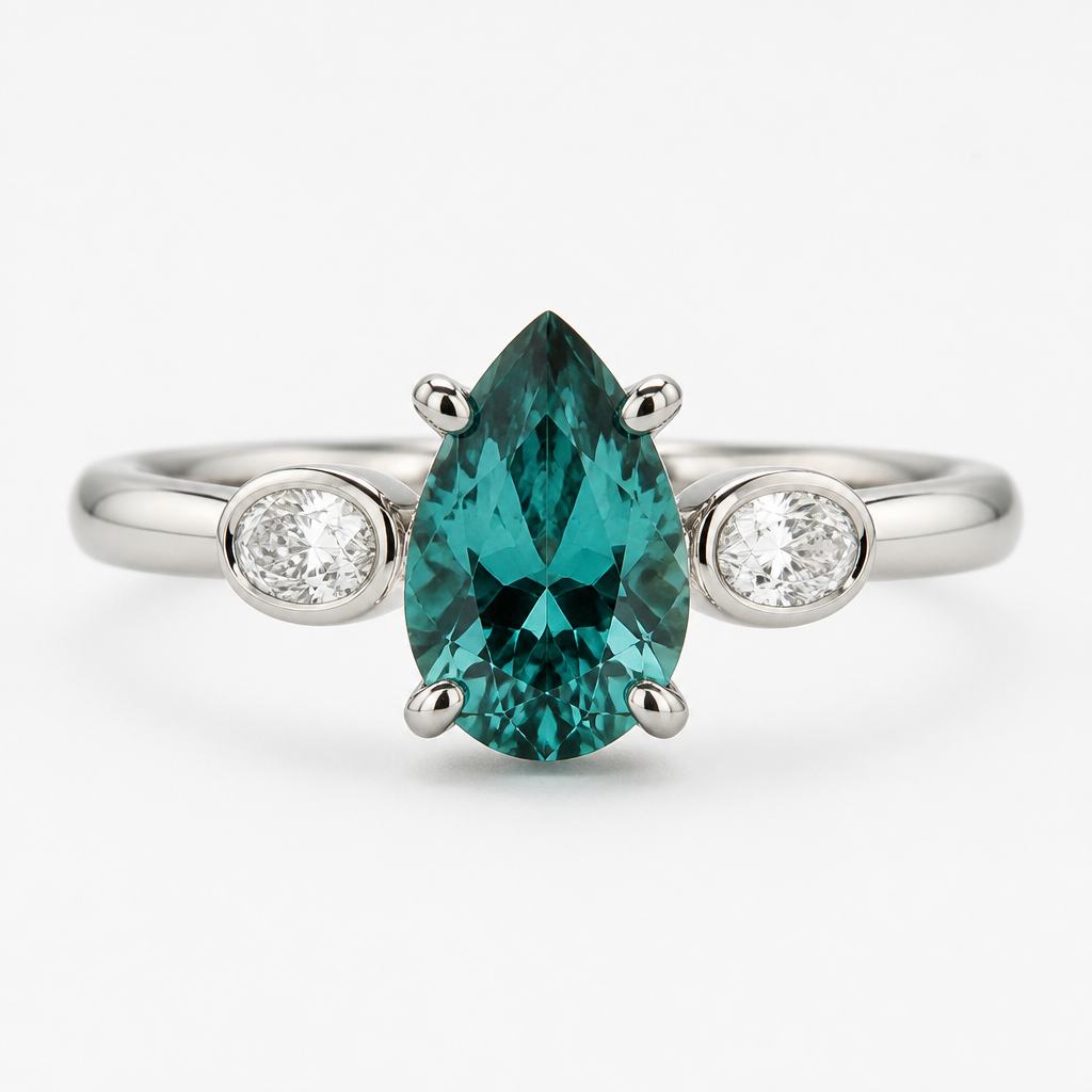 engagement ring in 14k white gold with a pear shaped teal stone in four prongs in the center. On the sides of the center stone are four 4x3 bezel set oval diamonds (set horizontally, not vertically) on the band (two on each side). the rest of the band is half round polished white gold.
photorealistic jewelry design, just the design, no text, 14k white gold engagement ring, pear shaped teal stone in four prongs, with two horizontal oval diamonds bezel set on each side of the band. The remaining band is polished half round white gold.