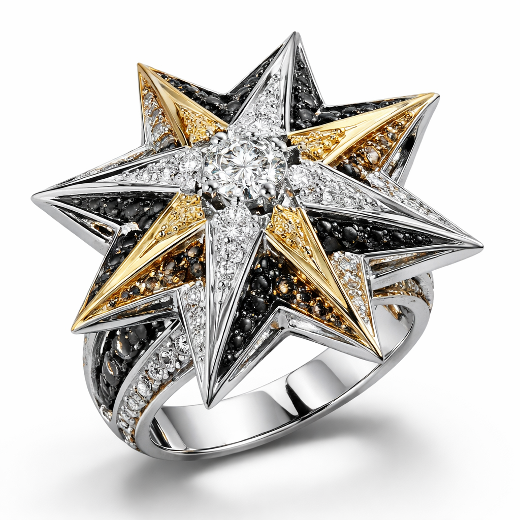 Geomatric star ring of architecture shape and bold edgy style of white diamonds and black diamonds with white and yellow gold with white background