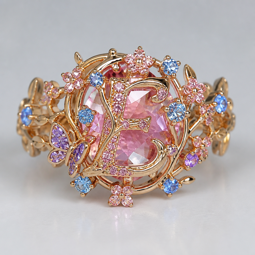 A nature-inspired women's ring. anel de 15 anos com inicial E com pedras rosa dentro com azul e rosa em volta
photorealistic jewelry design, A nature-inspired women's ring. anel de 15 anos com inicial E com pedras rosa dentro com azul e rosa em volta, nature_inspired style, just the design no text
