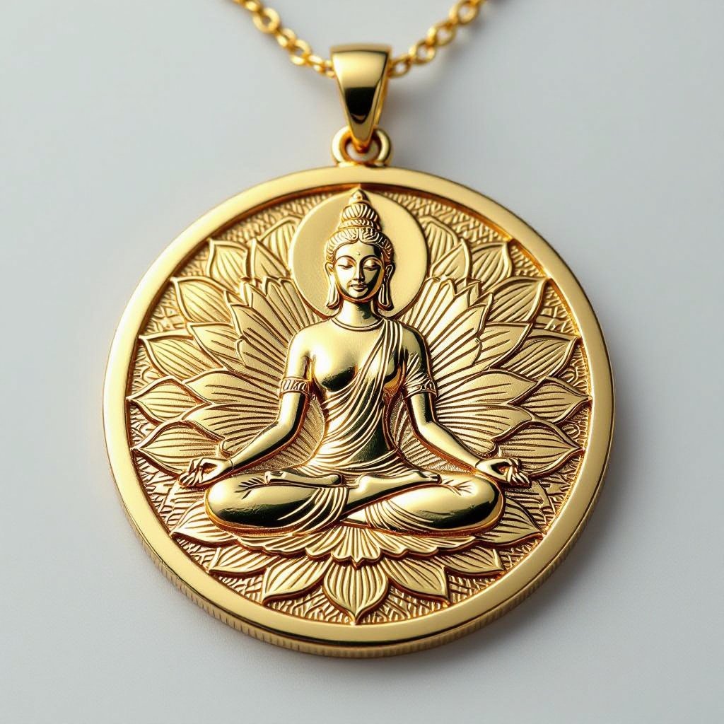 Золотой кулон в виде неровного круга в круге выгравирована женщина с длинными волосами в позе лотоса