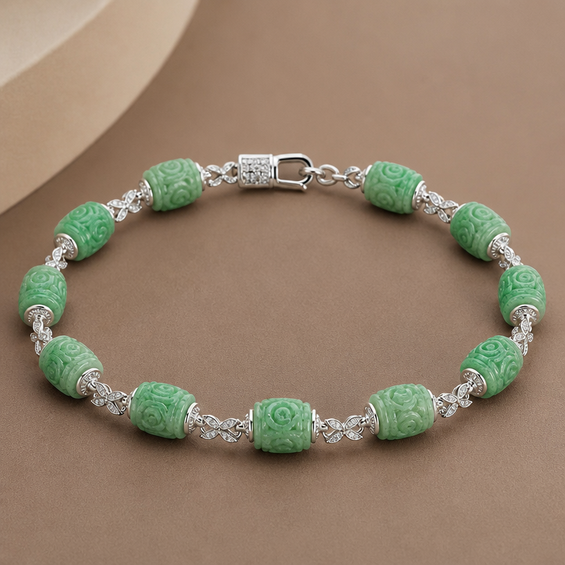 A modern women's bracelet with diamond stones suitable for gift, detailed and decorative, moderately ornate. Create a 6-inch bracelet using the 12 beads shown in the attached picture. Each bead is 9.7 millimeters long.
using the attached image as a visual reference, create A modern women's bracelet with diamond stones suitable for gift, detailed and decorative, moderately ornate. Create a 6-inch bracelet using the 12 beads shown in the attached picture. Each bead is 9.7 millimeters long.. photorealistic, just the design no text