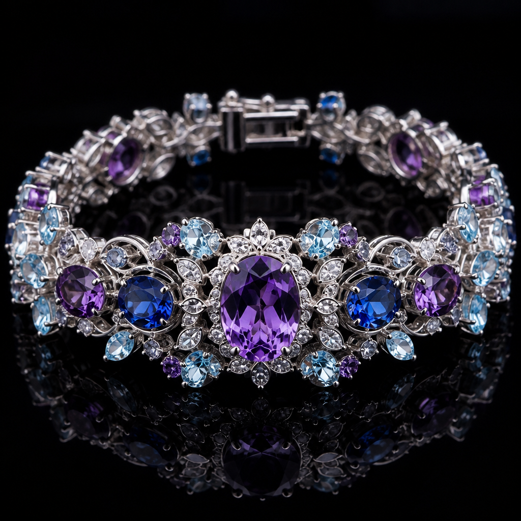 A prong-set women's bracelet made of platinum with amethyst and aquamarine and sapphire and topaz stones, highly ornate, intricate and elaborate, richly detailed
photorealistic jewelry design, A prong-set women's bracelet made of platinum with amethyst and aquamarine and sapphire and topaz stones, highly ornate, intricate and elaborate, richly detailed, prong_set style, just the design no text