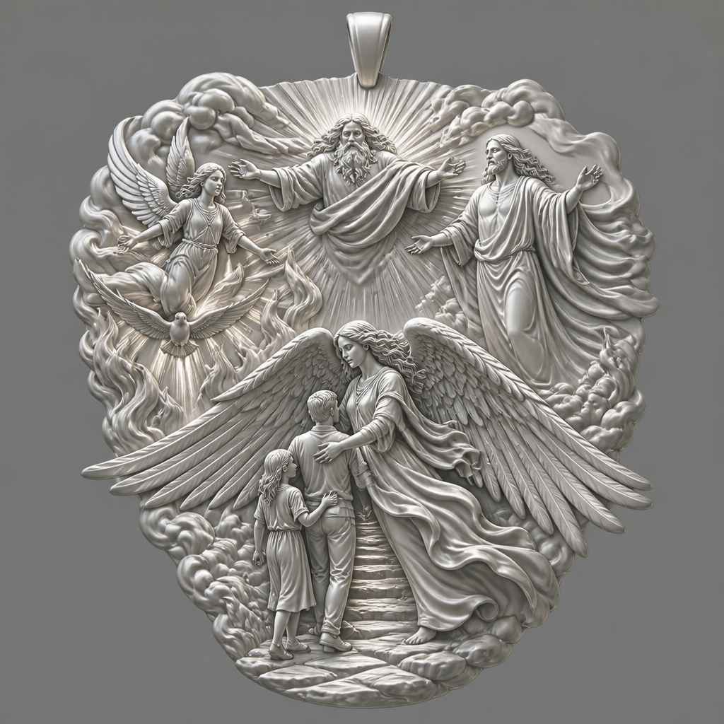 A modern women's pendant made of silver suitable for festival. An extraordinary excellent beautiful delicate and elegant pendant with the Guardian Angel with a beautiful delicate and elegant face, with long hair, with big wings flying, with a beautiful delicate elegant and with beautiful curves at her body, with a beautiful delicate and elegant tunic holding a child and an adult with its hands protecting them and guiding them on the way of the Holy Trinity. Sawing the way of the Holy Trinity in front of them God the Father, God the Son and God the Holy Spirit, the Holy Spirit to be as an Angel with a dove under the Angel surrounded by tongues of fire radiating light to the persons and the Guardian Angel, without the surrounding metals of the pendant. All the persons and the surrounding area to be 3D like statues.
