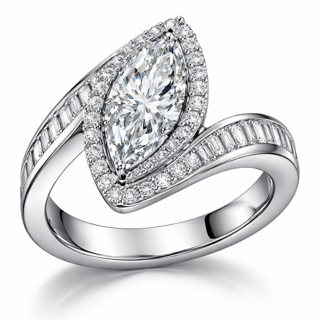 Marquis er with bypass halo half channel set baguettes half full cuts