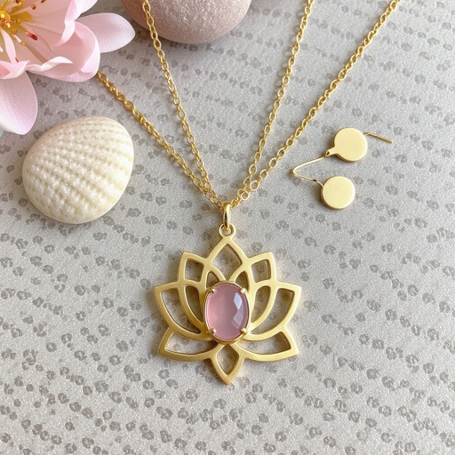 Золотая матовая цепочка. Подвеска матовая лотос шесть лепестков нижние лепестки крупнее верхних  не круглый . В сердце лотоса матовый розовый кварц овальный