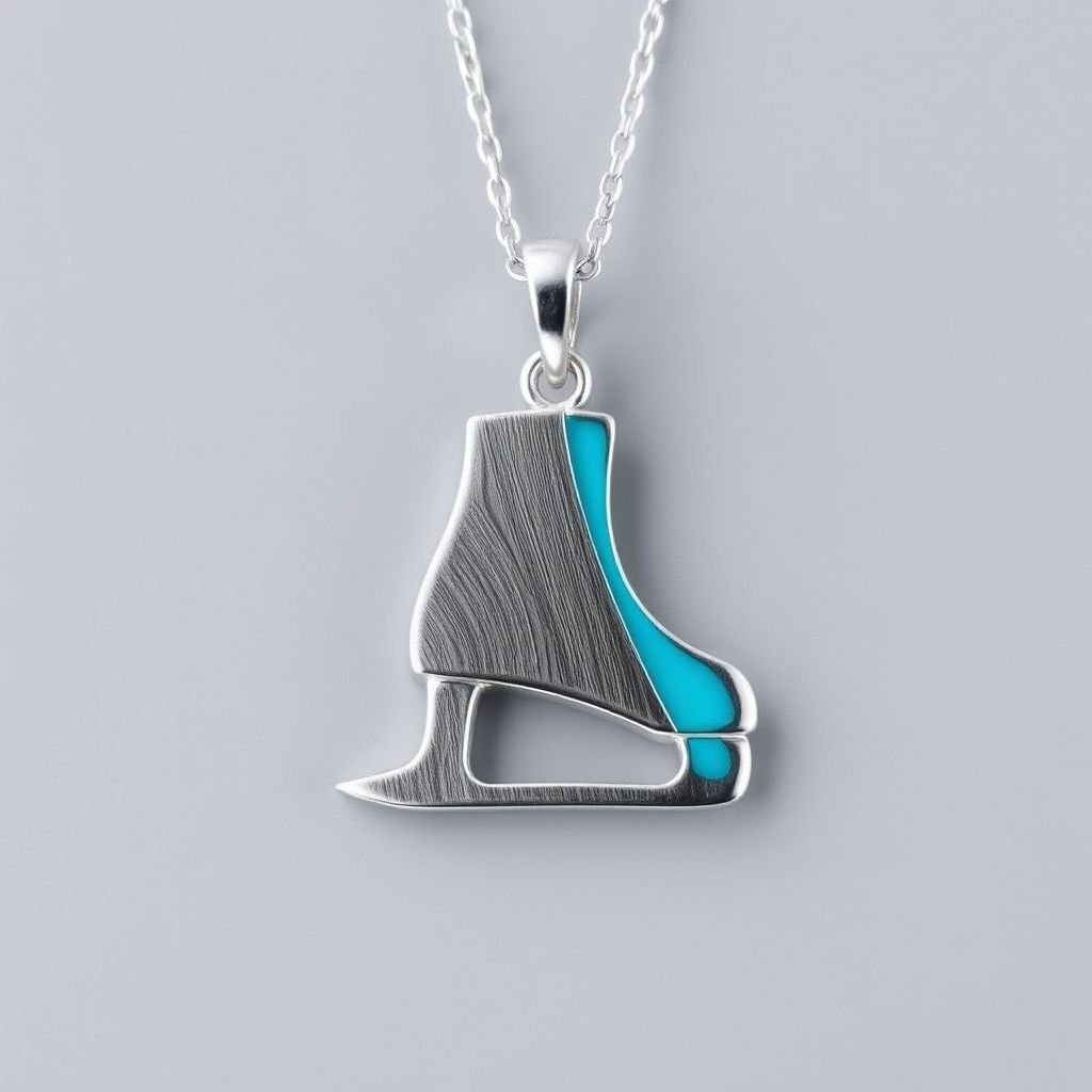 Silver Pendant shape one ice skate with turquoise stripe inside the low thin part blade 