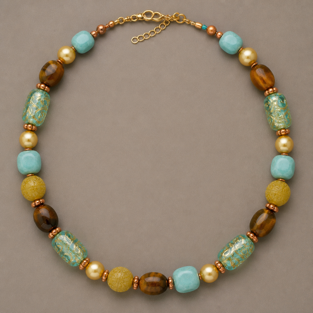 Venetian turquoise colored Glass with gold foiled swirl beads 26mm x 16mm, Larimar tumbles 12mm
× 13mm beads, gold genuine freshwater pearls 8mm, 17mm carved yellow/gold Jade round beads, 12mm x 17mm oval tigers eye beads, 5mm x 10mm rondels copper beads, necklace
photorealistic jewelry design, Venetian turquoise colored Glass with gold foiled swirl beads 26mm x 16mm, Larimar tumbles 12mm
× 13mm beads, gold genuine freshwater pearls 8mm, 17mm carved yellow/gold Jade round beads, 12mm x 17mm oval tigers eye beads, 5mm x 10mm rondels copper beads, necklace, minimalist style, just the design no text