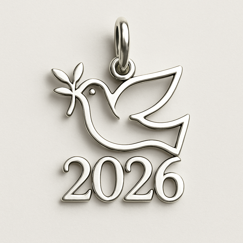 Silver minimal cut-out abstract charm blending together the pigeon of peace hold an olive branch along the year 2026