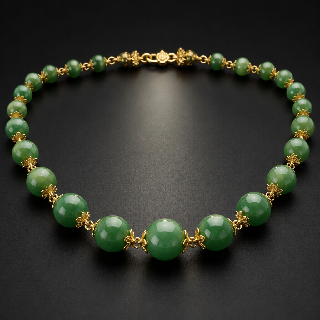 A luxury women's necklace made of gold. A green jade necklace with gold flowers holding the jade balls that are of alternating size with smaller ones on the sides with size gradually increasing towards the middle. make sure to add balls for the whole length of the necklace and make the balls larger ensuring some Gap between the balls
photorealistic jewelry design, A luxury women's necklace made of gold. A green jade necklace with gold flowers holding the jade balls that are of alternating size with smaller ones on the sides with size gradually increasing towards the middle. make sure to add balls for the whole length of the necklace and make the balls larger ensuring some Gap between the balls, luxury style, just the design no text