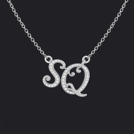 silver necklace with the pendant in letter letters SQ with white  stones. Make it cute and simple 