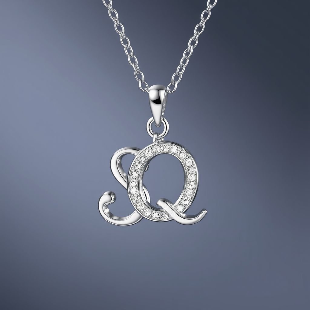 silver necklace with the pendant in letter letters SQ with white  stones. Make it cute and simple 