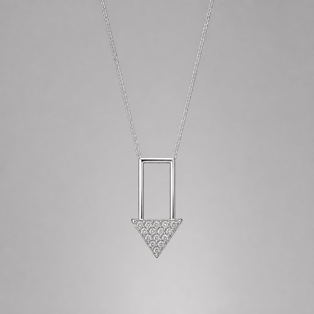 A women's necklace made of silver. Flèche moderne, rectangle avec triangle en line fine remplit de diamand, qui pointe vers le bas
photorealistic jewelry design, A women's necklace made of silver. Flèche moderne, rectangle avec triangle en line fine remplit de diamand, qui pointe vers le bas, modern style, just the design no text