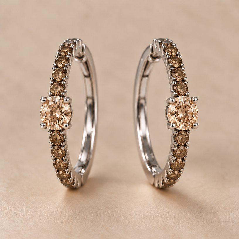 Change the number of small diamonds to 10 per earring. The shape of the hoops -oval in shape, 16 mm top to bottom
edit the attached jewelry design with these instructions: Change the number of small diamonds to 10 per earring. The shape of the hoops -oval in shape, 16 mm top to bottom. keep it photorealistic, just the design no text