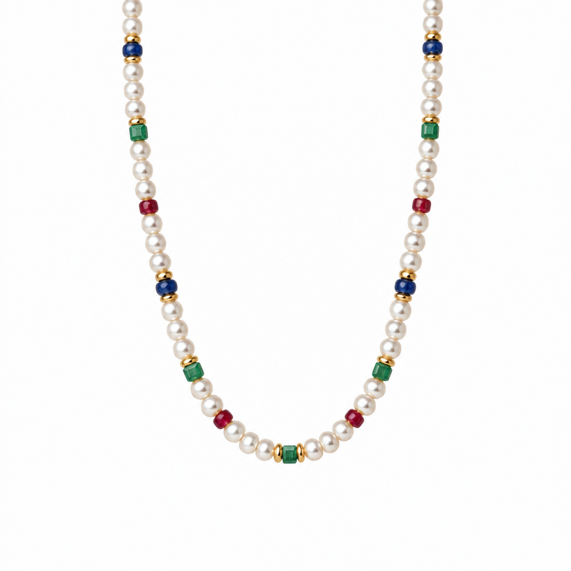 Restyled: make it with accent in smooth blue sapphire rondelle beads , ruby smooth rondelle beads, gold donuts spacer, green emerald square beads. design 80%white pearl. all same size beads
Restyle the jewelry piece in the image: make it with accent in smooth blue sapphire rondelle beads , ruby smooth rondelle beads, gold donuts spacer, green emerald square beads. design 80%white pearl. all same size beads. Keep the overall design and composition unless instructed otherwise. Photorealistic jewelry photograph, no text.