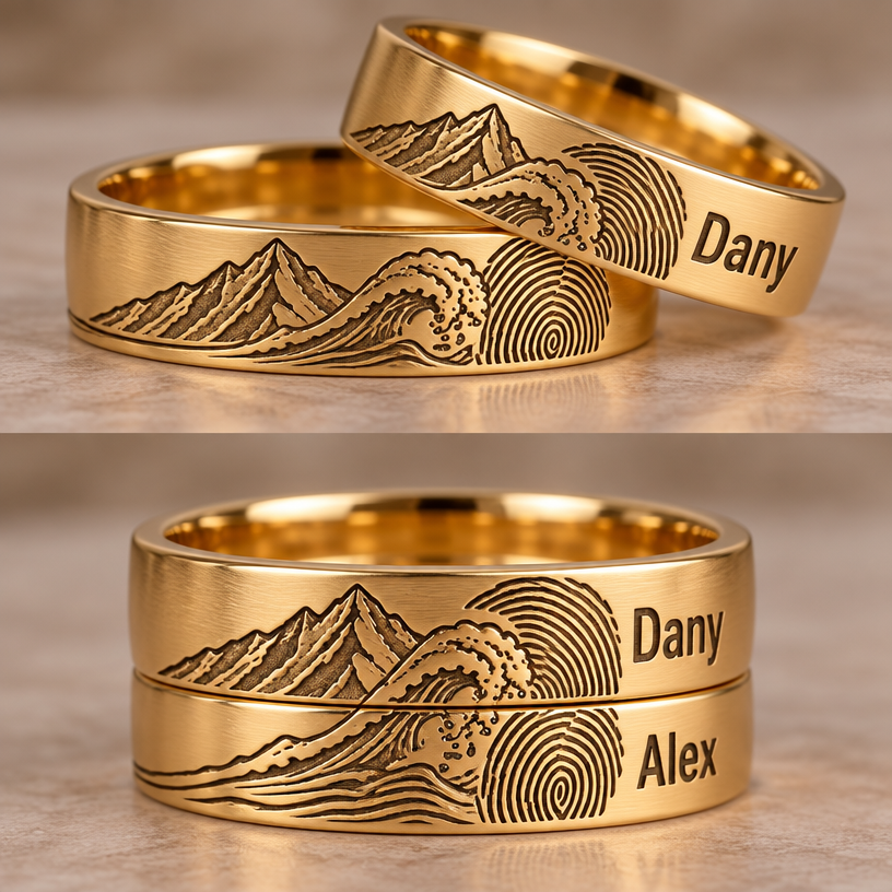A women's ring. en cuenta todo lo que está anotado blancos señalado con los flechas
otra muestra por favor pero hasta ahora que la huella digital humana esté en las dos argollas
quiero que que tal cual como la anterior pero sí las huellas que en una que es la mitad de la otra
que le quite lo que está arriba de la ola
y le añadas después de la huella digital en uno le pones un nombre Dany y el otro Alex letra imprenta gruesa
using the attached image as a visual reference, create A women's ring. en cuenta todo lo que está anotado blancos señalado con los flechas
otra muestra por favor pero hasta ahora que la huella digital humana esté en las dos argollas
quiero que que tal cual como la anterior pero sí las huellas que en una que es la mitad de la otra
que le quite lo que está arriba de la ola
y le añadas después de la huella digital en uno le pones un nombre Dany y el otro Alex letra imprenta gruesa. photorealistic, just the design no text