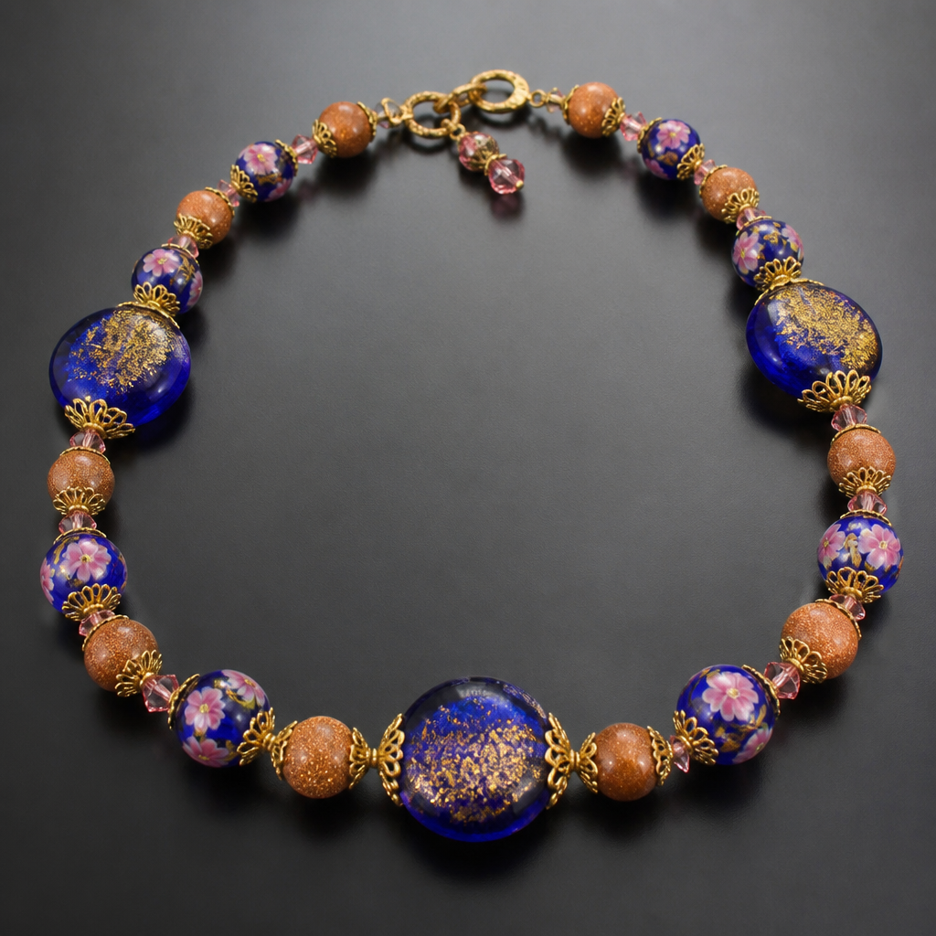 Cobalt Blue and gold with pink flower Wedding cake beads 12mm round, Murano cobalt blue and gold coin beads 25mm, round golden sand stone beads 12mm, pink crystal beads 8mm necklace
photorealistic jewelry design, Cobalt Blue and gold with pink flower Wedding cake beads 12mm round, Murano cobalt blue and gold coin beads 25mm, round golden sand stone beads 12mm, pink crystal beads 8mm necklace, filigree style, just the design no text