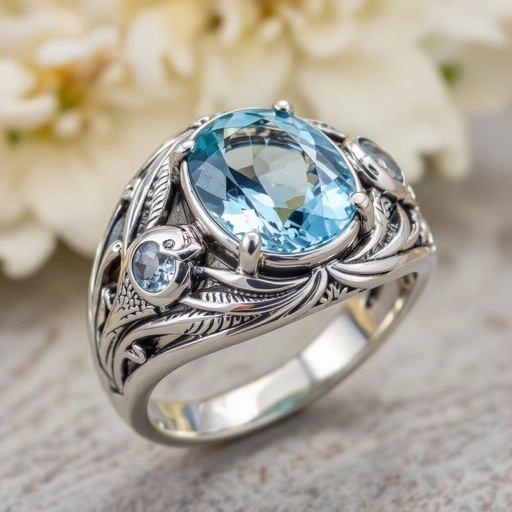 Aquamarine, and stones, silver ring with pisces/fish motif for man.