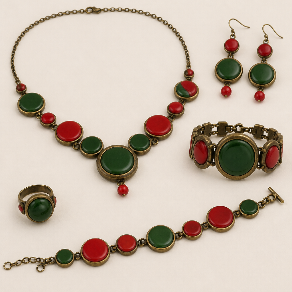 A vintage women's ring. hecho de material de tagua con formas de redondas y colores son verde y rojo quiero en collar y aretes, pulseras .
photorealistic jewelry design, A vintage women's ring. hecho de material de tagua con formas de redondas y colores son verde y rojo quiero en collar y aretes, pulseras ., vintage style, just the design no text