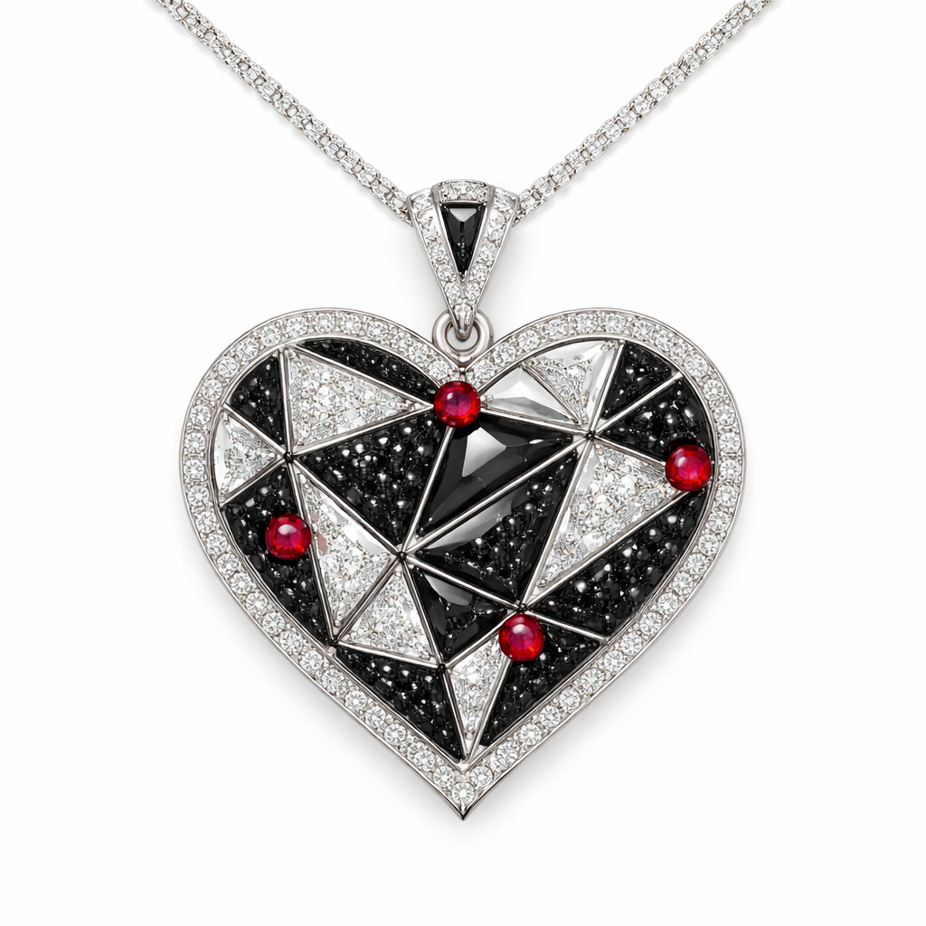 Geomatric pendant of heart of ede style and shape white black diamonds of love shape of little bit of ruby stones and chain