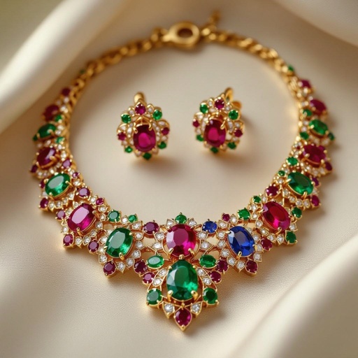 Necklace and ring and earring with luxury colorful jewel with gold
