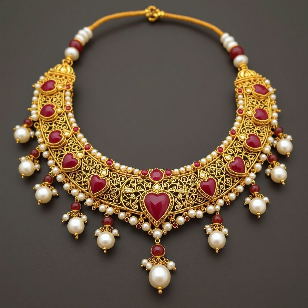 Necklace cute, intricate design, with red hearts pearls and brown, beige and grey pearls