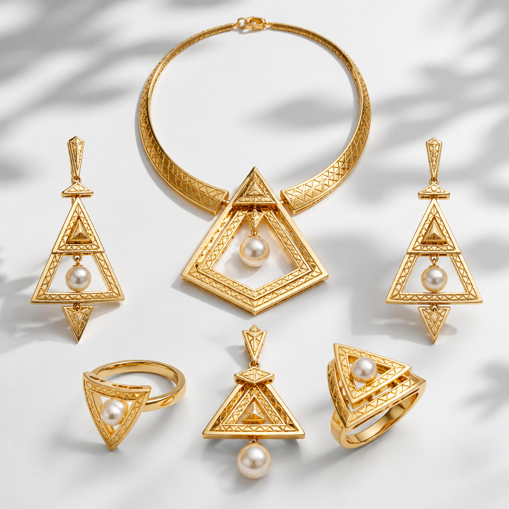 Create an exclusive haute joaillerie 21K yellow gold jewelry collection inspired by the majestic pyramids of Giza and contemporary Arabic architecture. The design should embrace minimalism with bold triangular geometry, clean lines, layered pyramid silhouettes, and delicate Islamic geometric motifs engraved into the gold. Natural white pearls float gracefully within the geometric framework, creating a striking contrast between softness and structure. Elegant proportions, luxurious craftsmanship, modern Middle Eastern aesthetic, premium high jewelry, polished yellow gold, subtle matte textures, architectural elegance, timeless luxury, editorial jewelry photography, ultra-realistic, cinematic lighting, white seamless background, 8K.
photorealistic jewelry design, Create an exclusive haute joaillerie 21K yellow gold jewelry collection inspired by the majestic pyramids of Giza and contemporary Arabic architecture. The design should embrace minimalism with bold triangular geometry, clean lines, layered pyramid silhouettes, and delicate Islamic geometric motifs engraved into the gold. Natural white pearls float gracefully within the geometric framework, creating a striking contrast between softness and structure. Elegant proportions, luxurious craftsmanship, modern Middle Eastern aesthetic, premium high jewelry, polished yellow gold, subtle matte textures, architectural elegance, timeless luxury, editorial jewelry photography, ultra-realistic, cinematic lighting, white seamless background, 8K., mediterranean style, just the design no text