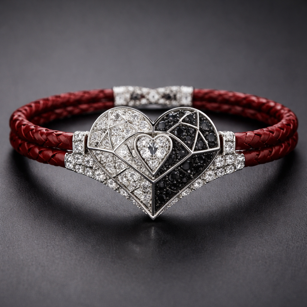 Geomatric bangle of heart of ede style and shape white black diamonds of love shape of little bit of stones and chain of red leather