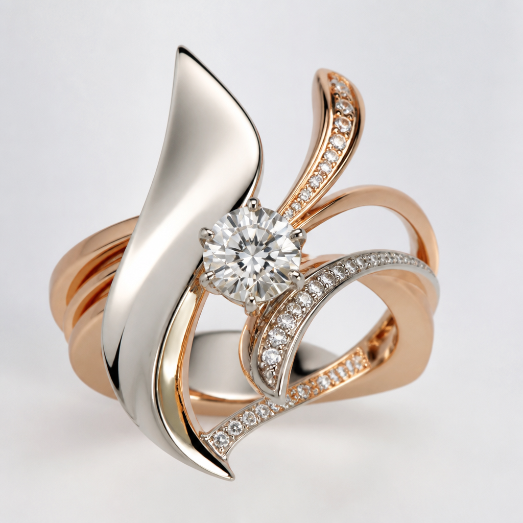 A avant-garde women's ring made of mixed metal with diamond stones suitable for festival. An extraordinary excellent beautiful delicate and elegant solitaire women ring. Face of the ring.
photorealistic jewelry design, A avant-garde women's ring made of mixed metal with diamond stones suitable for festival. An extraordinary excellent beautiful delicate and elegant solitaire women ring. Face of the ring., avant_garde style, just the design no text