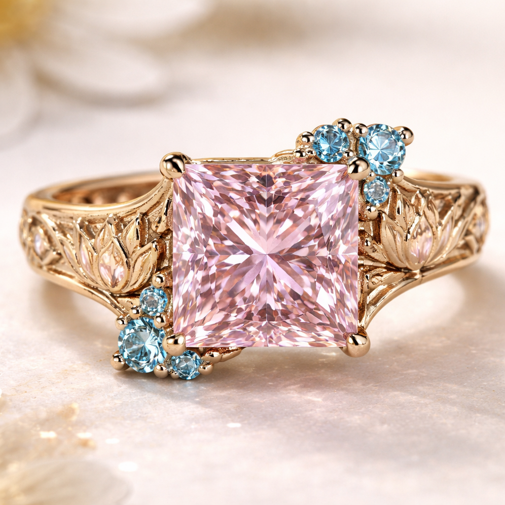 a light pink princess cut 4ct diamond ring with two small 0.25ct blue diamonds on the top right of the main light pink diamond and a small 0.25ct blue diamond on the corner of the bottom left of the main diamond with lotuses engraved on a gold band