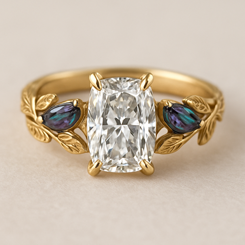 2 carat elongated cushion cut diamond engagement ring with double claw prongs in yellow gold ring with marquise shaped alexandrite side stones 
