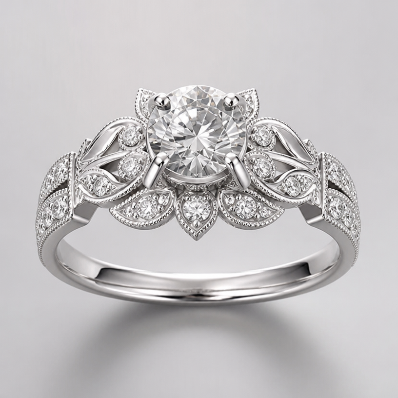 A minimalist women's ring made of silver with diamond stones suitable for engagement, highly ornate, intricate and elaborate, richly detailed
using the attached image as a visual reference, create A minimalist women's ring made of silver with diamond stones suitable for engagement, highly ornate, intricate and elaborate, richly detailed. photorealistic, just the design no text