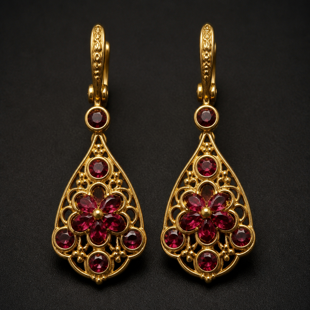 A vintage women's earrings made of gold with ruby stones
photorealistic jewelry design, A vintage women's earrings made of gold with ruby stones, vintage style, just the design no text
