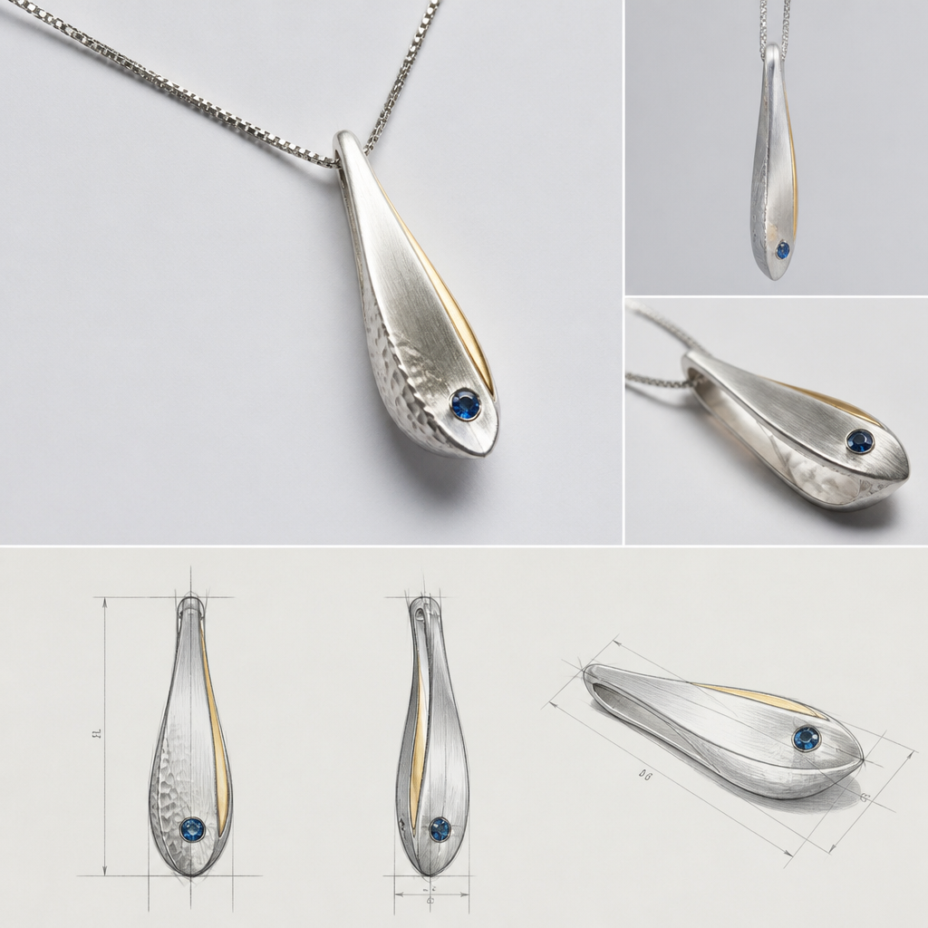 A modern women's pendant made of silver with sapphire stones, highly ornate, intricate and elaborate, richly detailed. "photorealistic jewelry design, A scandinavian women's pendant made of silver suitable for daily wear, minimalist. simple and delicate, clean lines. simplistic form minimalist brushed silver finish with an accent of gold and a very small section of hammered surface, scandinavian style, with design scketchs and mesurments
photorealistic jewelry design, A modern women's pendant made of silver with sapphire stones, highly ornate, intricate and elaborate, richly detailed. "photorealistic jewelry design, A scandinavian women's pendant made of silver suitable for daily wear, minimalist. simple and delicate, clean lines. simplistic form minimalist brushed silver finish with an accent of gold and a very small section of hammered surface, scandinavian style, with design scketchs and mesurments, modern style, just the design no text