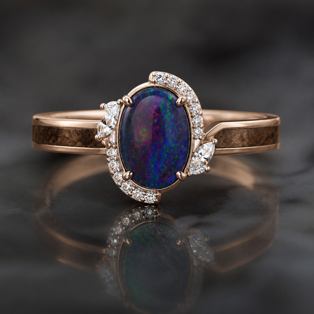Slim engagement band with spralted oak with and medium stain sandwiched between rose gold that has a 6ct oval vivid black opal with diamonds swooping in to surrounding it
photorealistic jewelry design, Slim engagement band with spralted oak with and medium stain sandwiched between rose gold that has a 6ct oval vivid black opal with diamonds swooping in to surrounding it, mixed_metal style, just the design no text