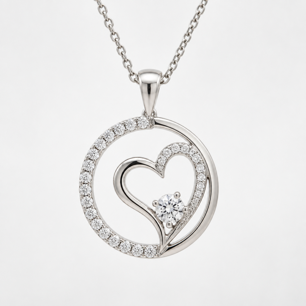 A modern women's pendant made of white gold with diamond stones suitable for daily wear. cost 300$, circle design, love symbol,
photorealistic jewelry design, A modern women's pendant made of white gold with diamond stones suitable for daily wear. cost 300$, circle design, love symbol,, modern style, just the design no text