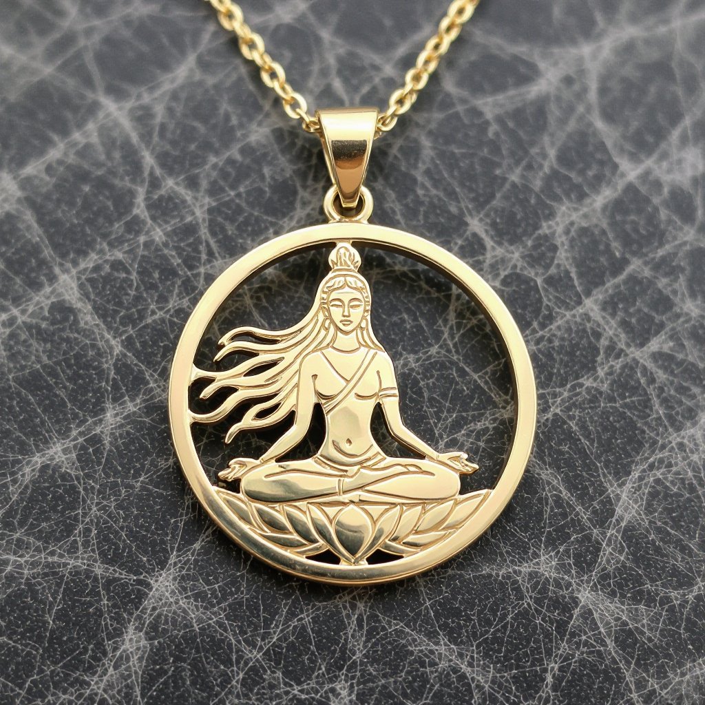 Золотой кулон в виде неровного круга в круге выгравирована женщина с длинными волосами в позе лотоса